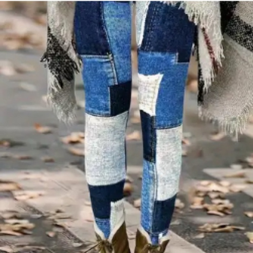 Patchwork Blue and Black Women's Leggings Small (but stretchy) High Waste 👌🏼💯👖